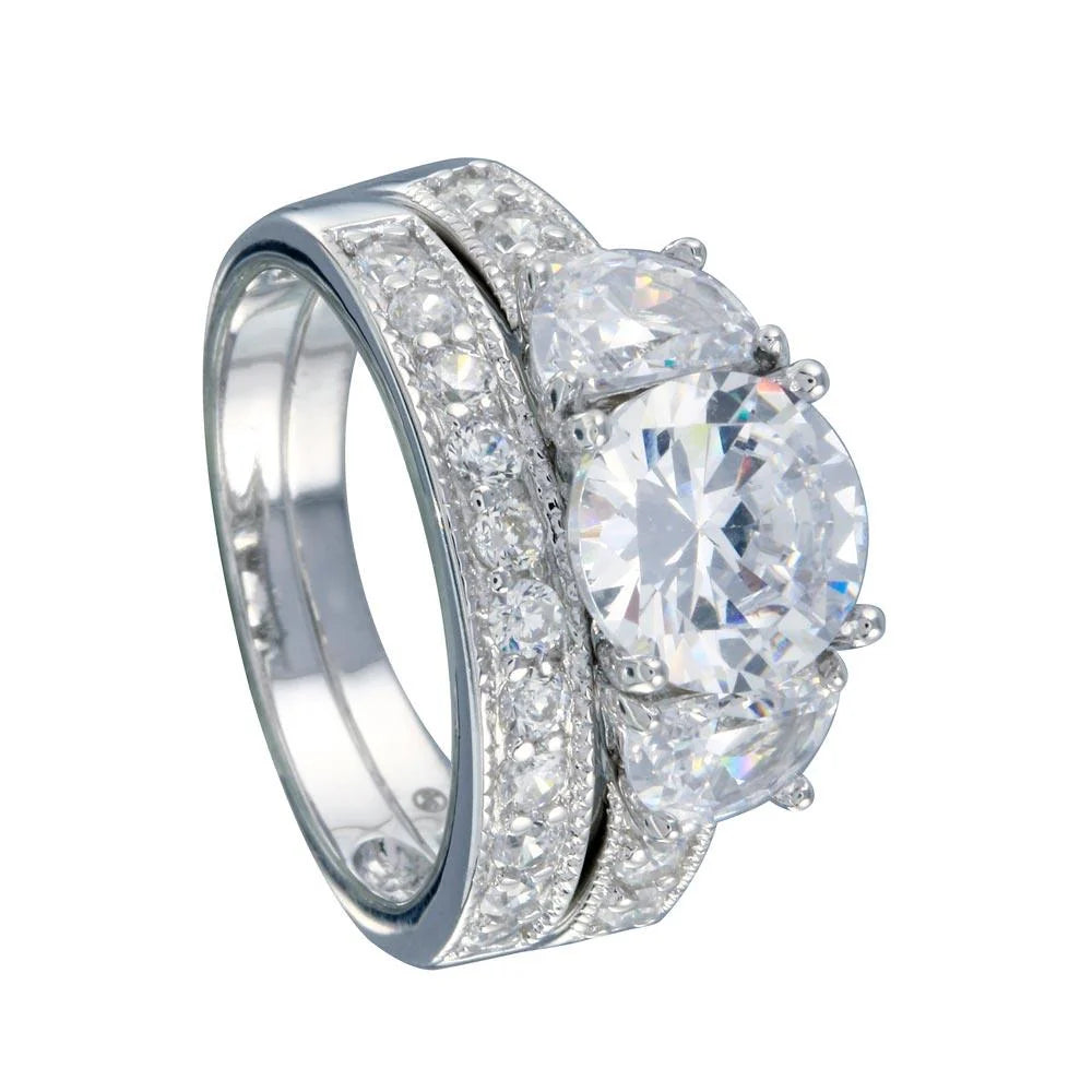 925 Sterling Silver Rhodium Plated Clear Round Center CZ Bridal Ring Set