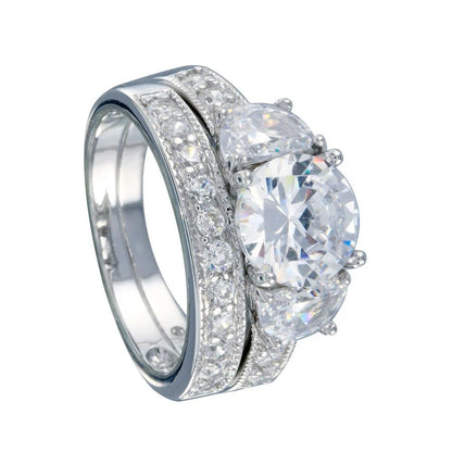 925 Sterling Silver Rhodium Plated Clear Round Center CZ Bridal Ring Set