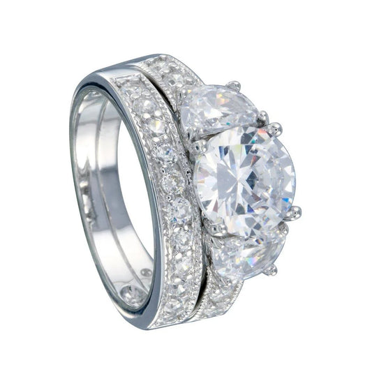 925 Sterling Silver Rhodium Plated Clear Round Center CZ Bridal Ring Set