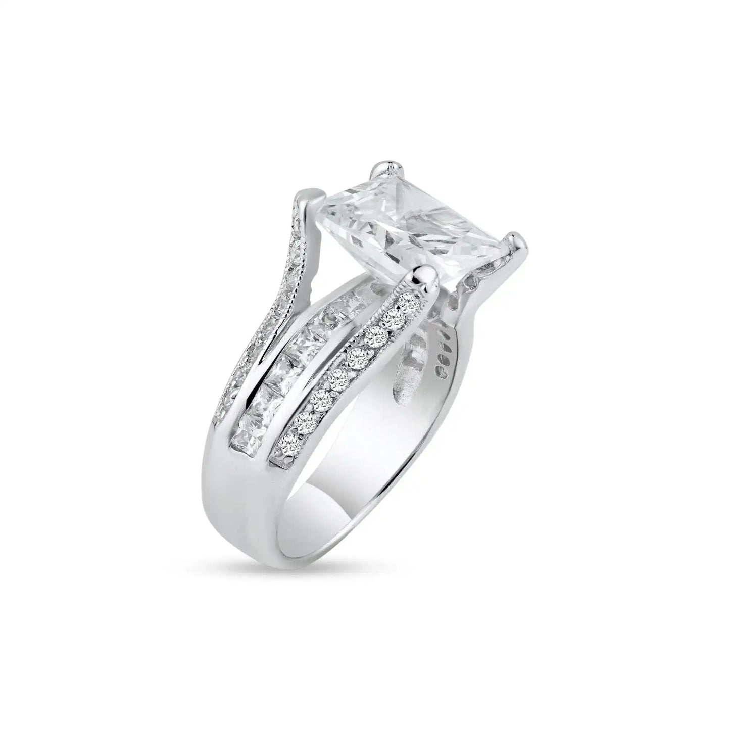 925 Sterling Silver Rhodium Plated Princess Cut CZ Bridal Ring