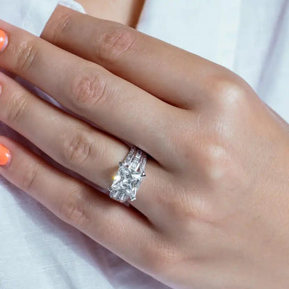 925 Sterling Silver Rhodium Plated Princess Cut CZ Bridal Ring