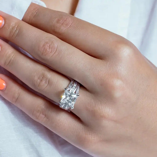 925 Sterling Silver Rhodium Plated Princess Cut CZ Bridal Ring