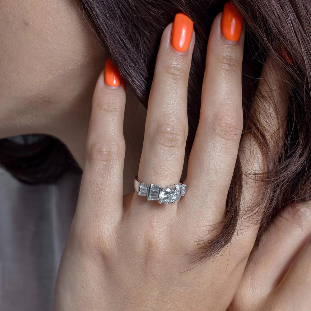 925 Sterling Silver Rhodium Plated Clear Baguette Round Center CZ Bridal Ring