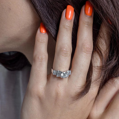 925 Sterling Silver Rhodium Plated Clear Baguette Round Center CZ Bridal Ring
