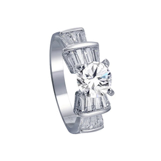 925 Sterling Silver Rhodium Plated Clear Baguette Round Center CZ Bridal Ring