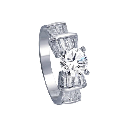 925 Sterling Silver Rhodium Plated Clear Baguette Round Center CZ Bridal Ring