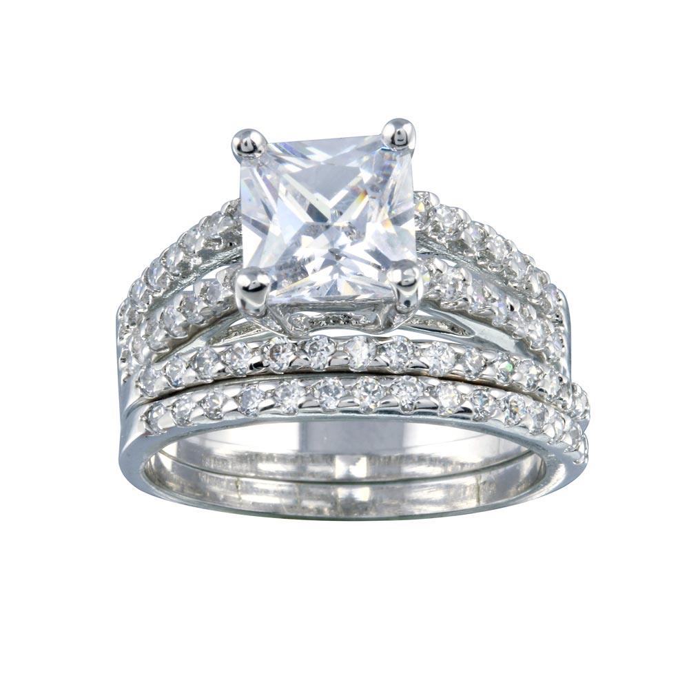 925 Sterling Silver Rhodium Plated Clear Princess Cut Pave Set CZ Bridal Ring Set