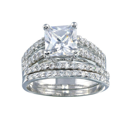 925 Sterling Silver Rhodium Plated Clear Princess Cut Pave Set CZ Bridal Ring Set