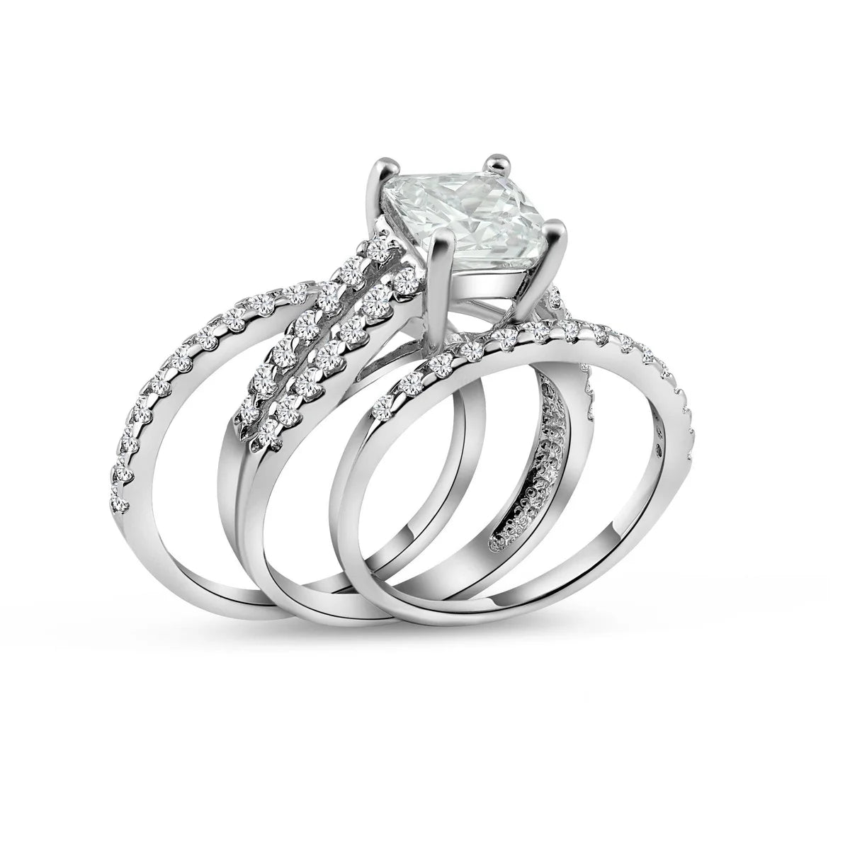 925 Sterling Silver Rhodium Plated Clear Princess Cut Pave Set CZ Bridal Ring Set