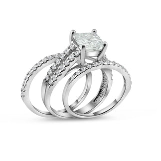 925 Sterling Silver Rhodium Plated Clear Princess Cut Pave Set CZ Bridal Ring Set