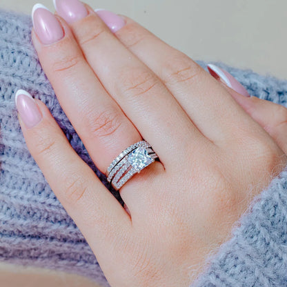 925 Sterling Silver Rhodium Plated Clear Princess Cut Pave Set CZ Bridal Ring Set