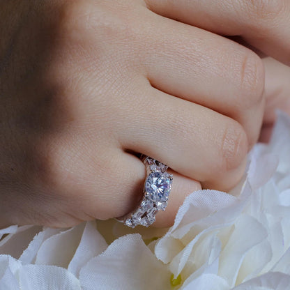 925 Sterling Silver Rhodium Plated Clear Round Center CZ Bridal Ring Set