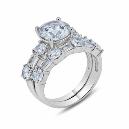 925 Sterling Silver Rhodium Plated Clear Round Center CZ Bridal Ring Set