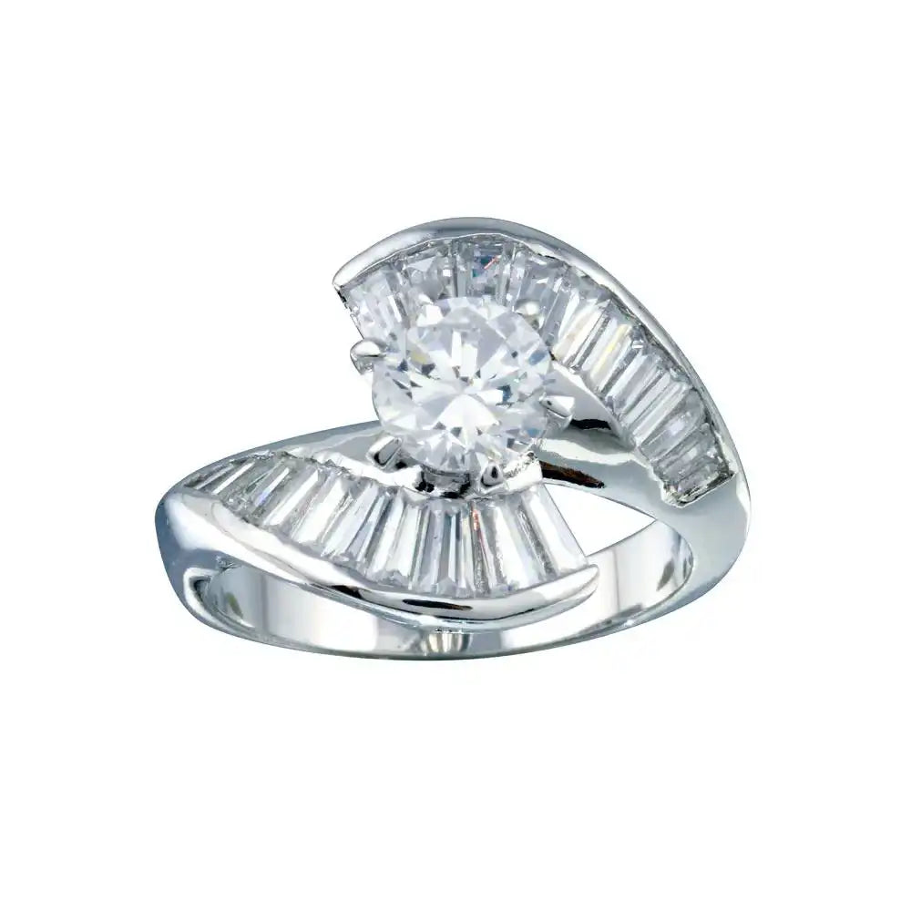 925 Sterling Silver Rhodium Plated Clear Baguette CZ Wave Ring