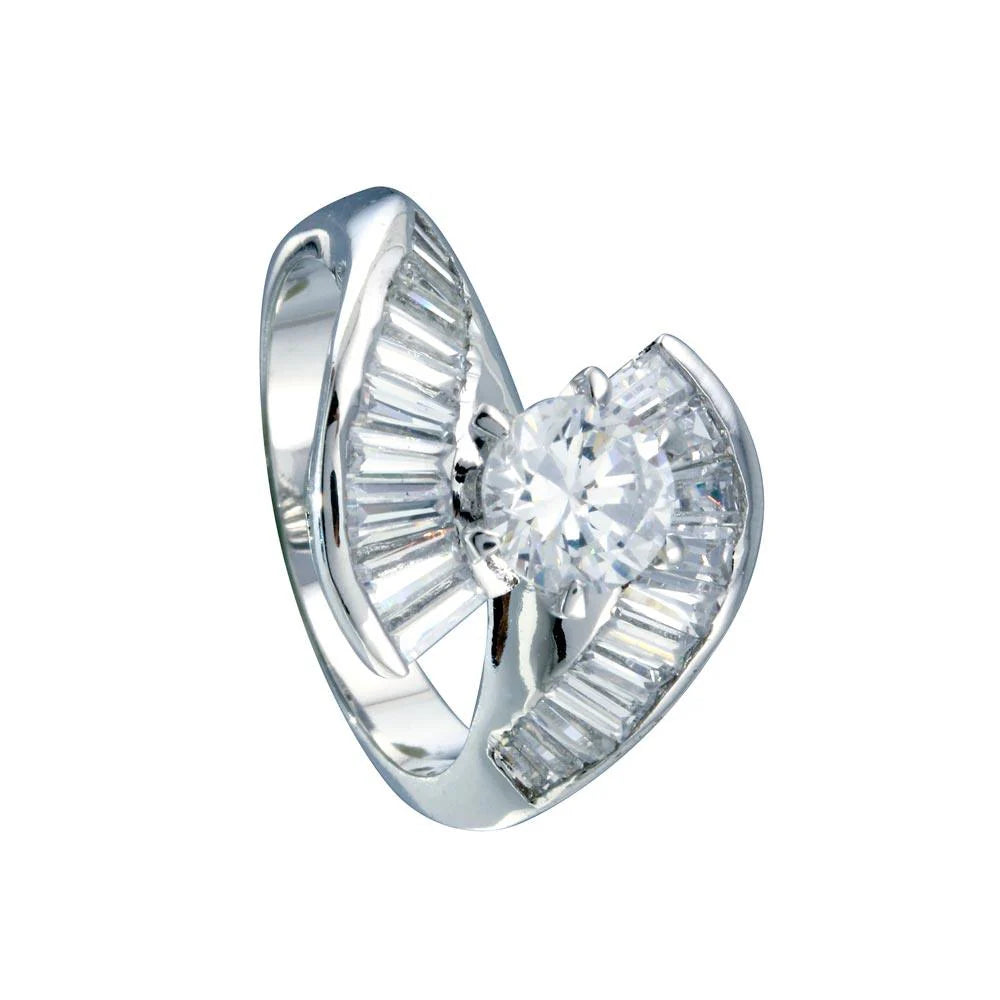 925 Sterling Silver Rhodium Plated Clear Baguette CZ Wave Ring