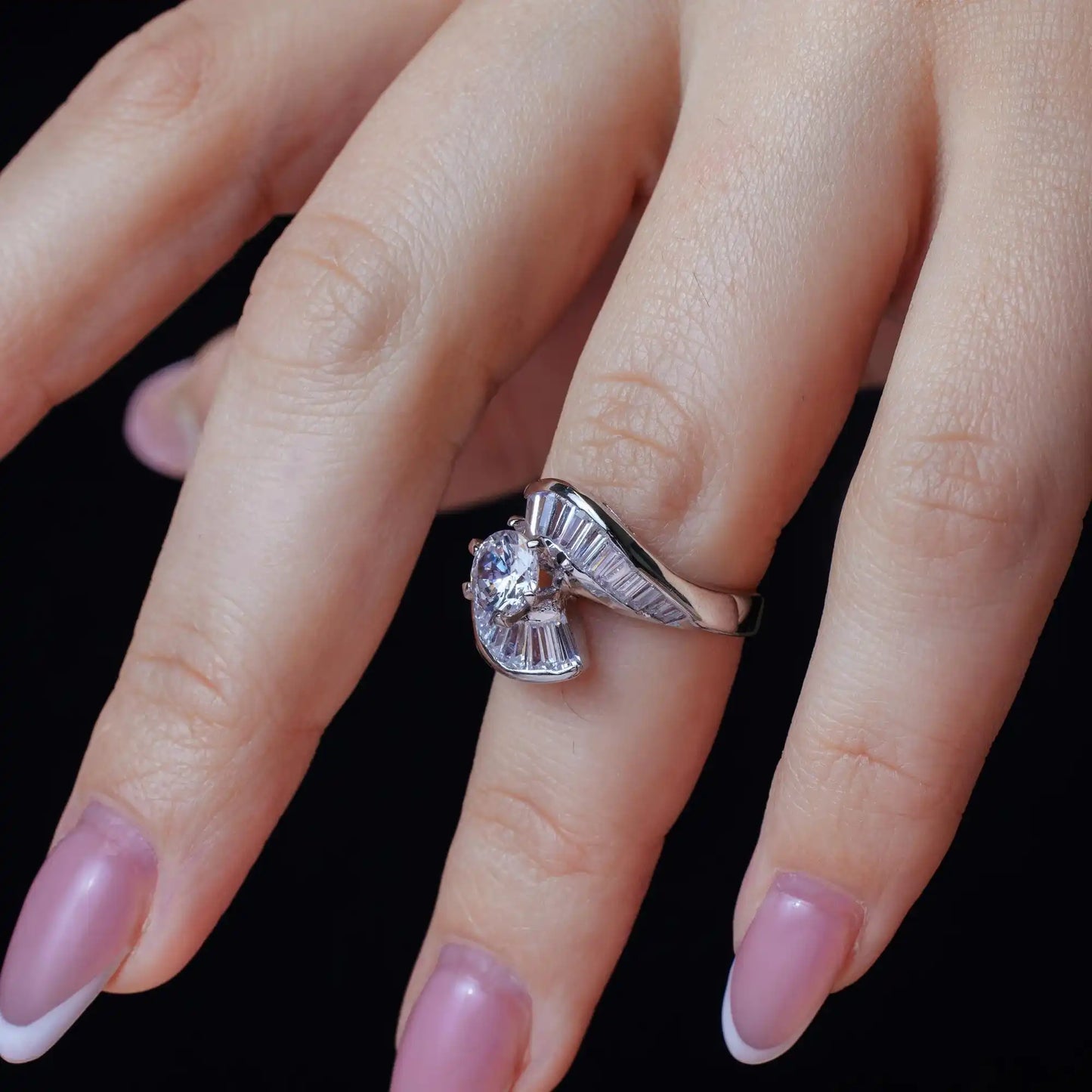 925 Sterling Silver Rhodium Plated Clear Baguette CZ Wave Ring