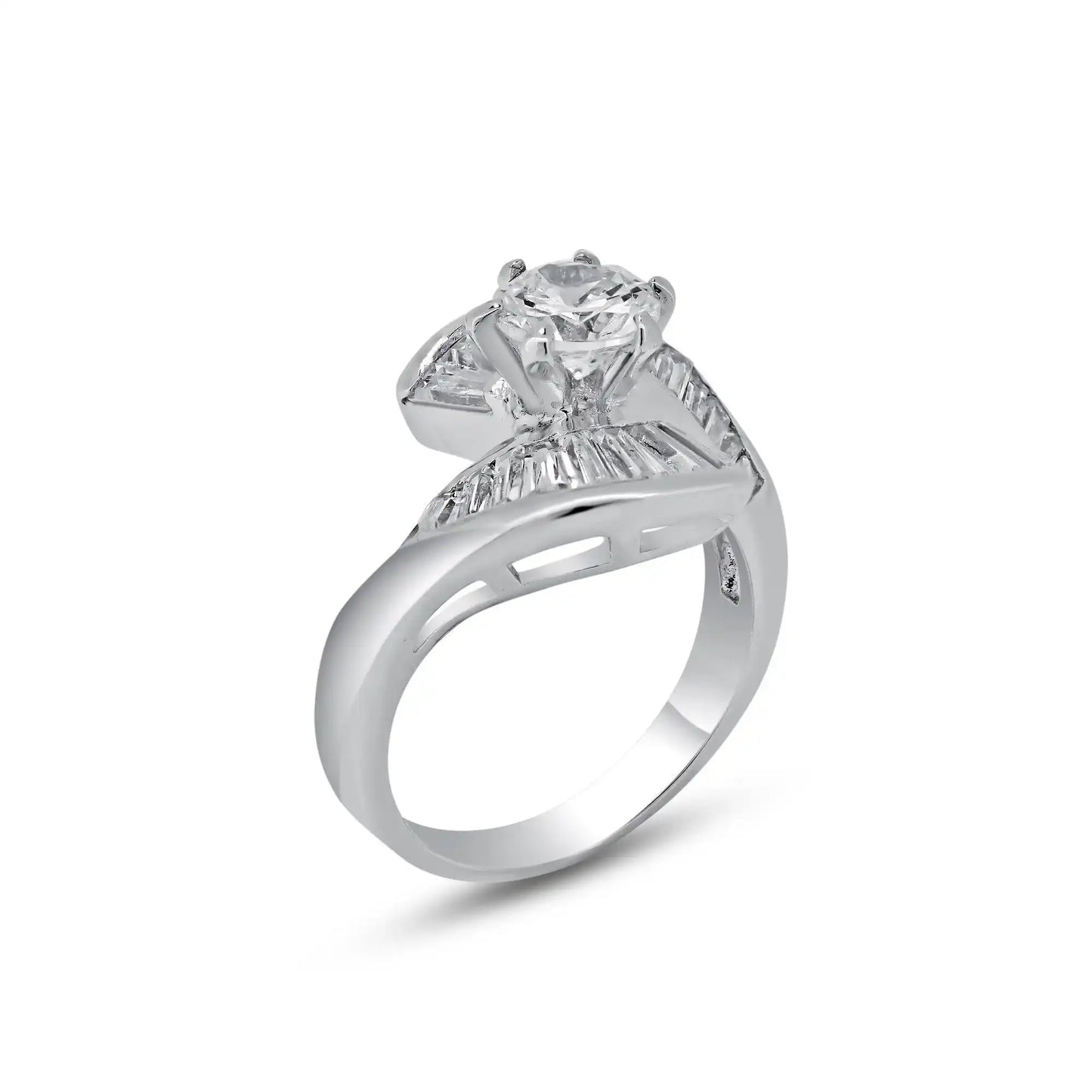 925 Sterling Silver Rhodium Plated Clear Baguette CZ Wave Ring