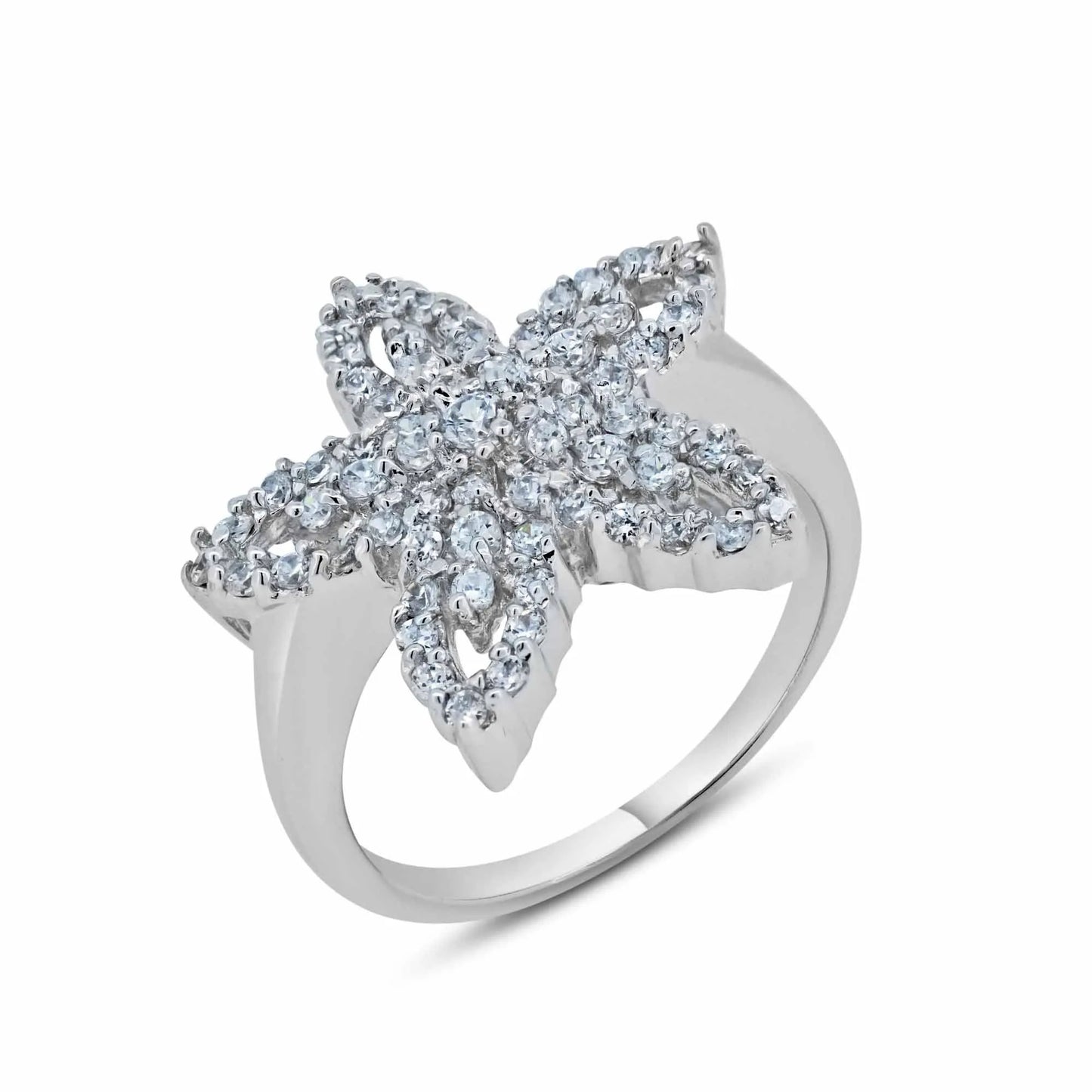 925 Sterling Silver Clearance Rhodium Plated Clear Pave Set CZ Starfish Ring