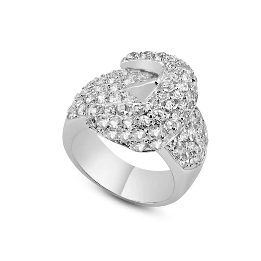 925 Sterling Silver Clearance Rhodium Plated Clear Pave Set CZ Belt Buckle Ring