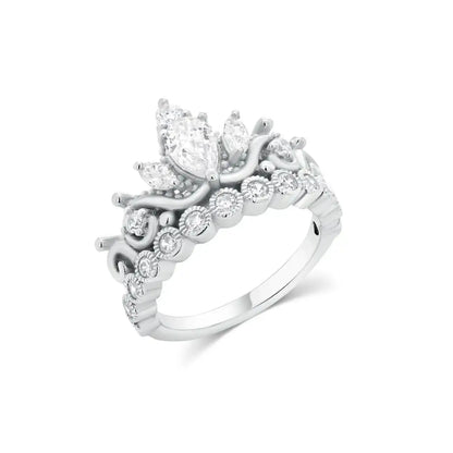 925 Sterling Silver Rhodium Plated Crown Pear and Round CZ Ring