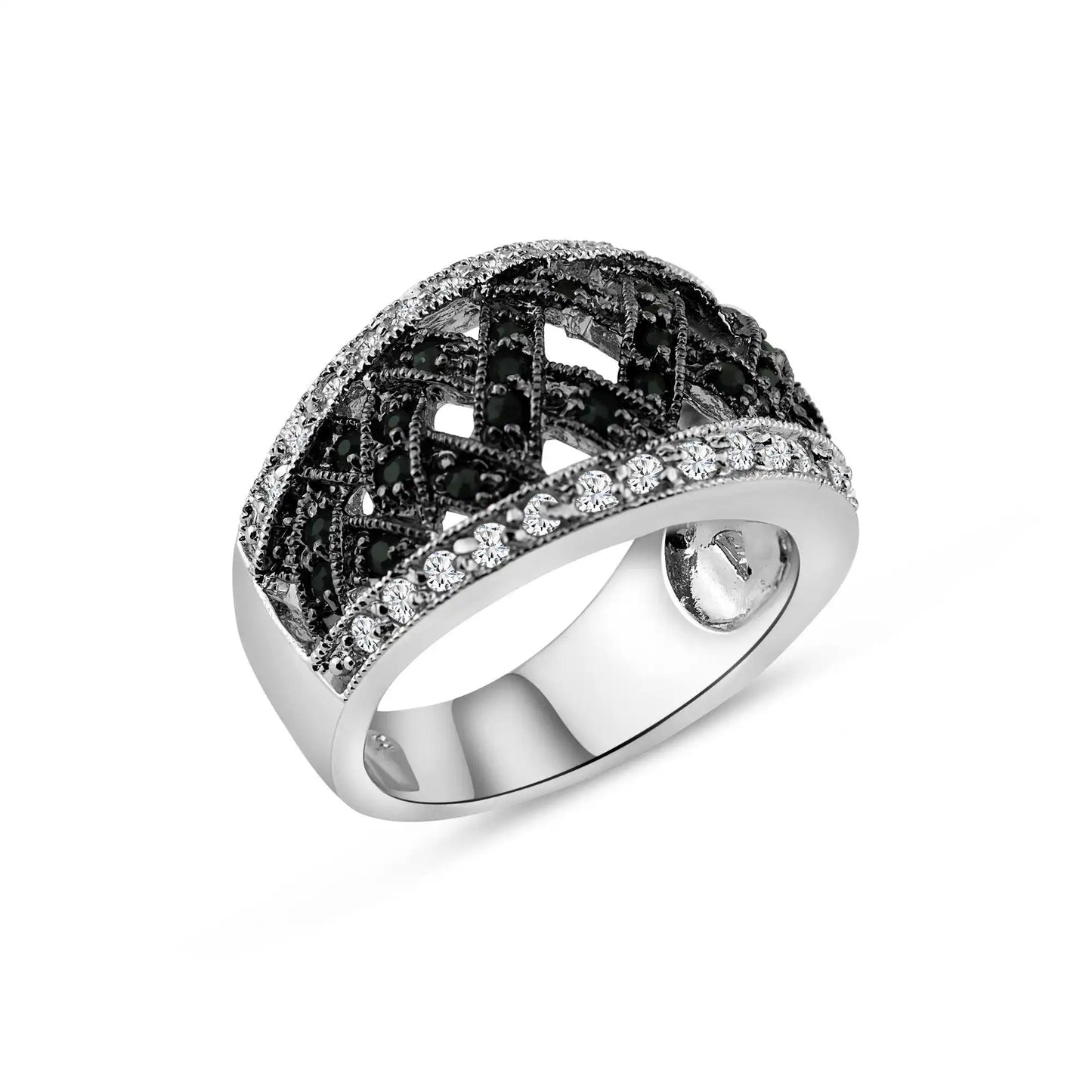 925 Sterling Silver Clearance Rhodium and Black Rhodium Plated Clear and Black CZ Net Ring