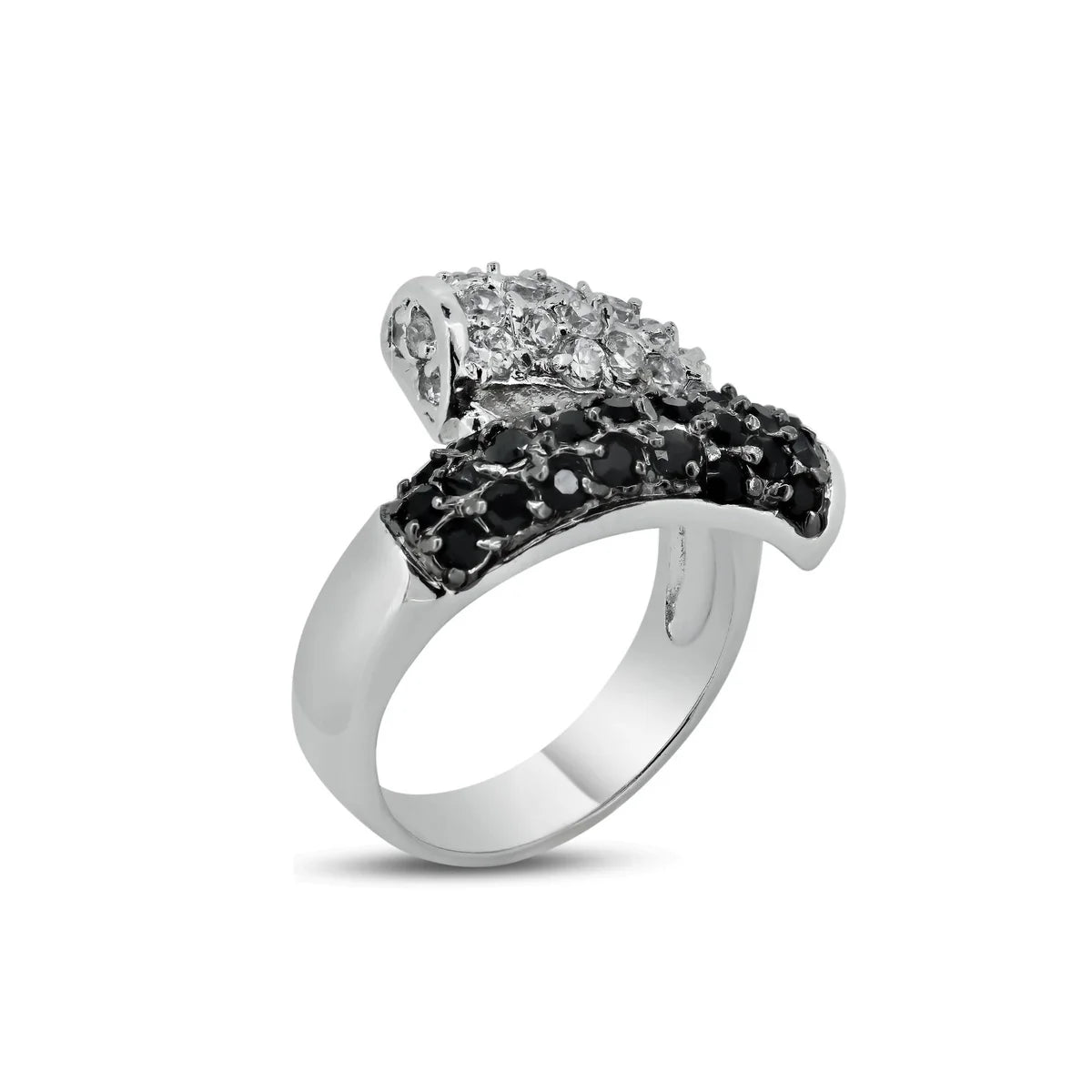 925 Silver Clearance-Rhodium and Black Rhodium Plated Pave Set Clear and Black CZ Wrap Ring