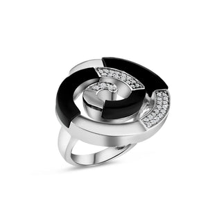 925 Silver Clearance-Rhodium Plated Black Onyx Clear Pave Set CZ Spiral Swirl Ring