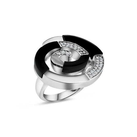 925 Silver Clearance-Rhodium Plated Black Onyx Clear Pave Set CZ Spiral Swirl Ring