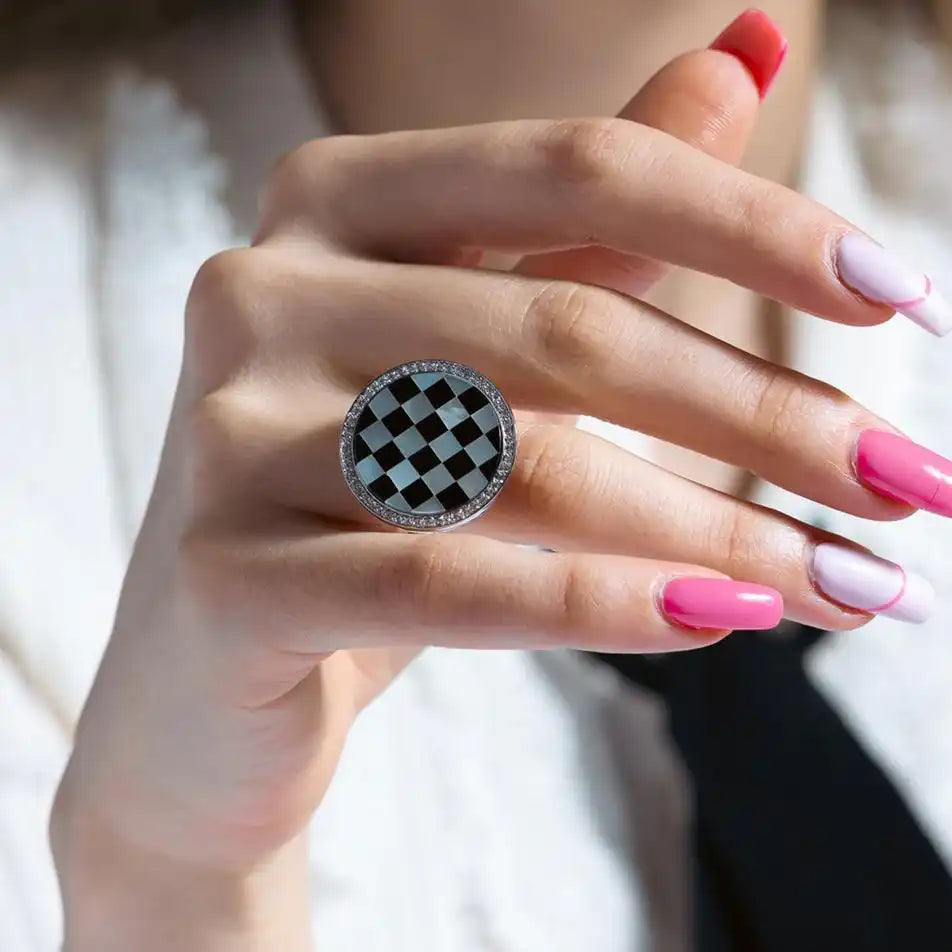 925 Sterling Silver Clearance Rhodium Plated Clear CZ Black and White Round Checker Ring
