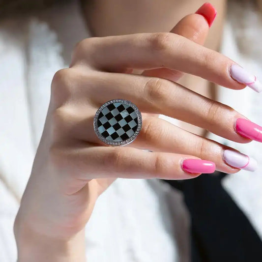 925 Sterling Silver Clearance Rhodium Plated Clear CZ Black and White Round Checker Ring