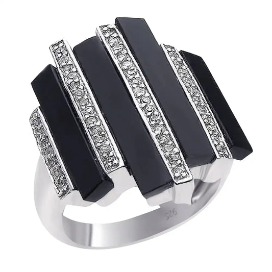 925 Sterling Silver Clearance Rhodium Plated Multiple Onyx Clear CZ Bars Ring
