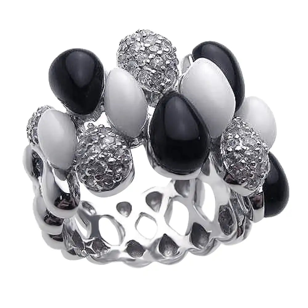 925 Sterling Silver Clearance Rhodium Plated Multi Shaped Onyx White Enamel Clear CZ Ring