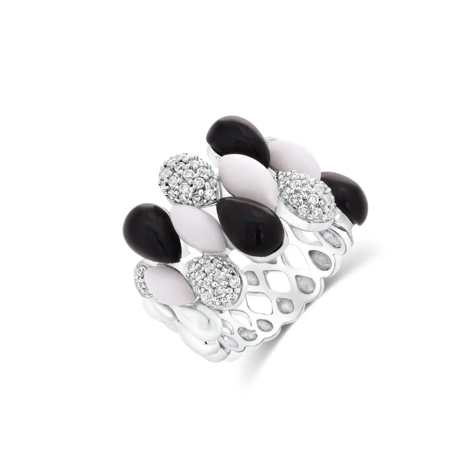 925 Sterling Silver Clearance Rhodium Plated Multi Shaped Onyx White Enamel Clear CZ Ring