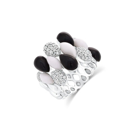 925 Sterling Silver Clearance Rhodium Plated Multi Shaped Onyx White Enamel Clear CZ Ring