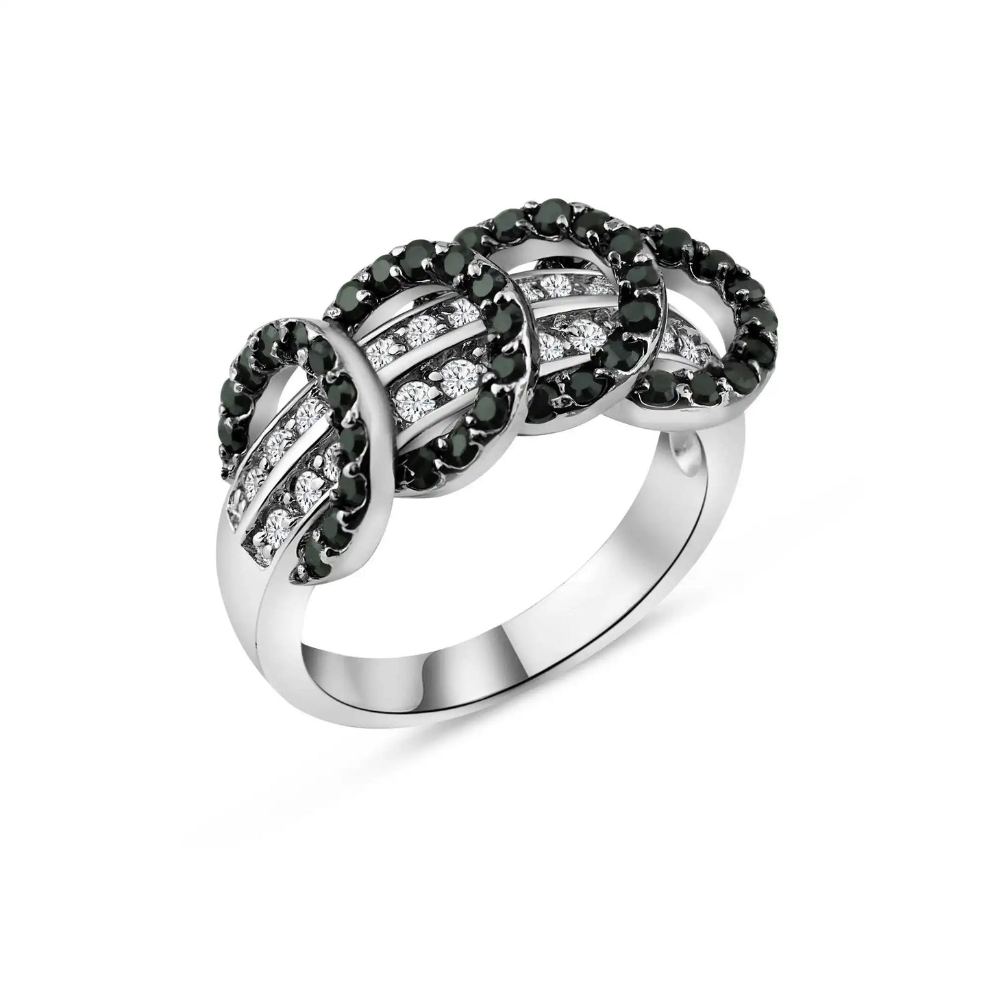 925 Sterling Silver Clearance Rhodium and Black Rhodium Plated Clear and Black CZ Overlapping Circle Ring