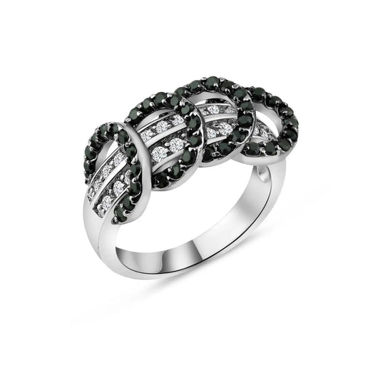925 Sterling Silver Clearance Rhodium and Black Rhodium Plated Clear and Black CZ Overlapping Circle Ring