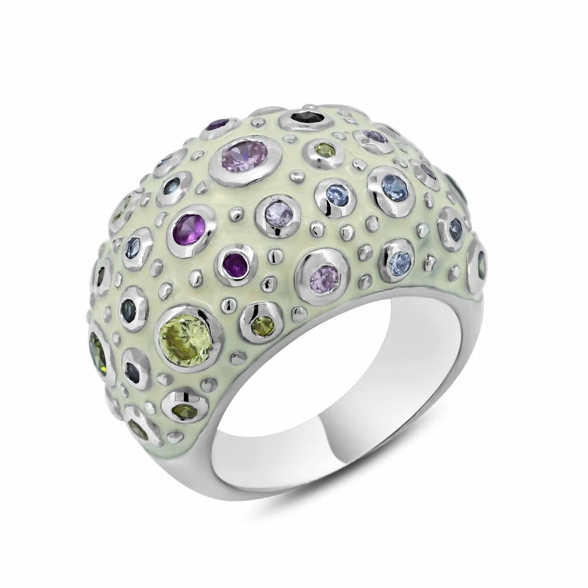 925 Silver Clearance-Rhodium Plated White Enamel Multi Colored CZ Dome Ring