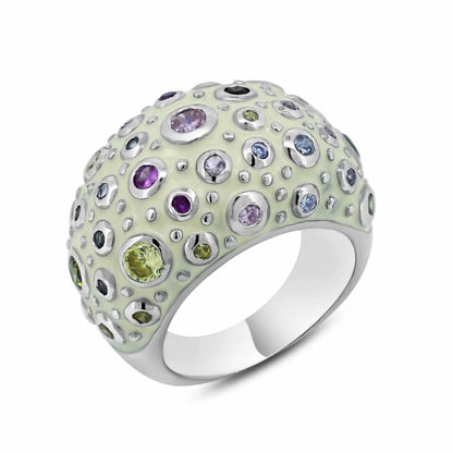 925 Silver Clearance-Rhodium Plated White Enamel Multi Colored CZ Dome Ring