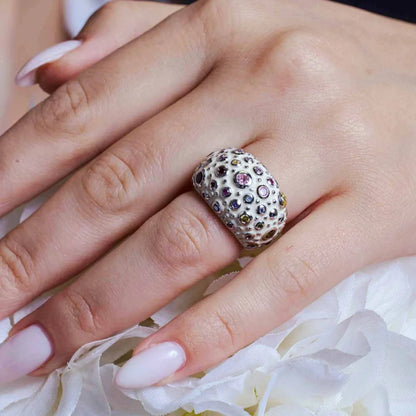 925 Silver Clearance-Rhodium Plated White Enamel Multi Colored CZ Dome Ring