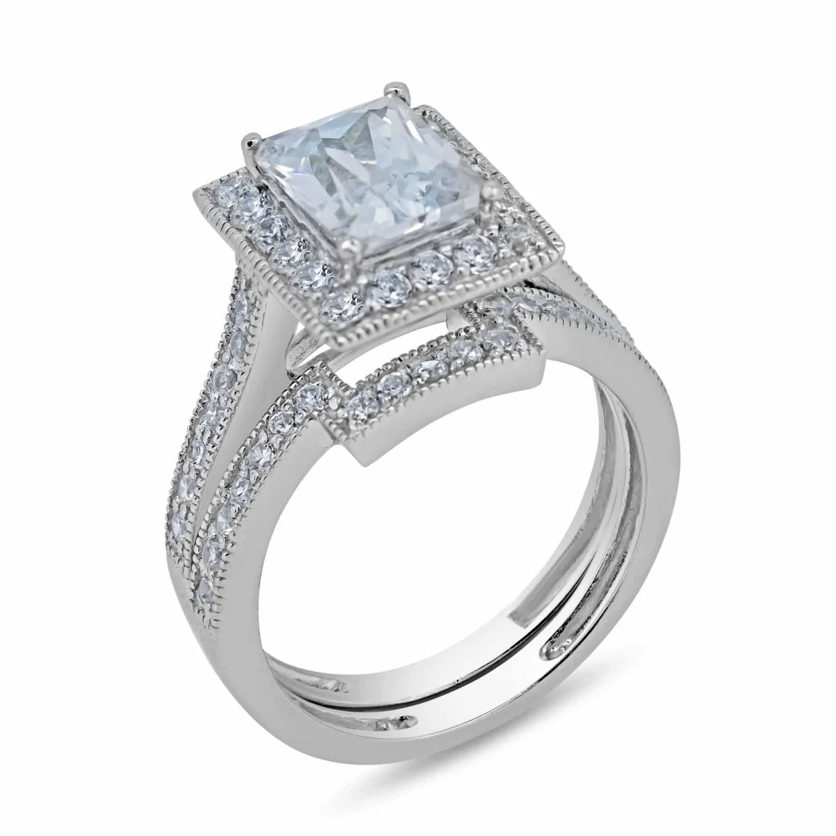 925 Sterling Silver Rhodium Plated Clear CZ Square Bridal Ring Set