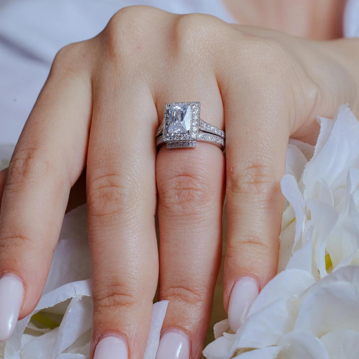 925 Sterling Silver Rhodium Plated Clear CZ Square Bridal Ring Set
