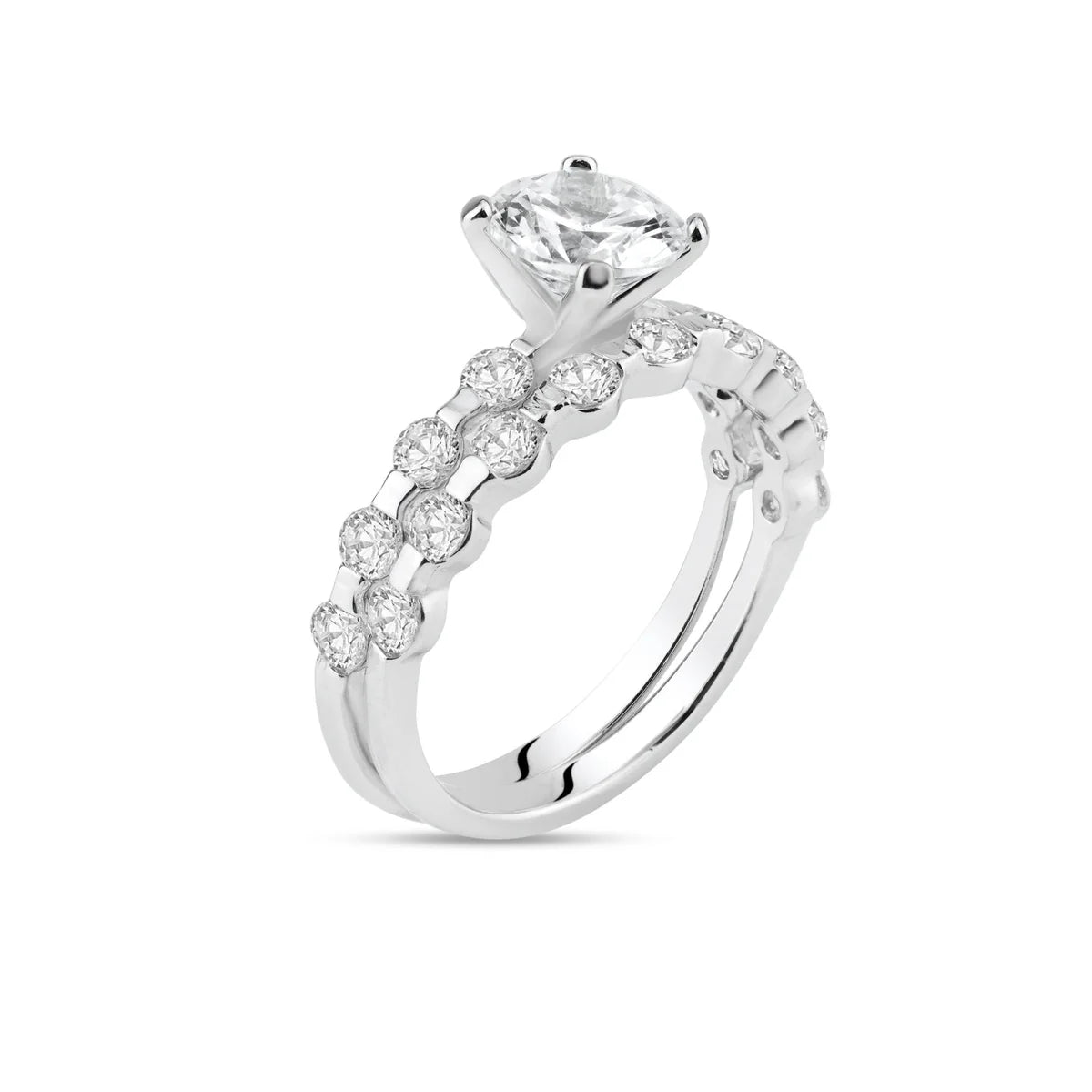 925 Sterling Silver Rhodium Plated Clear Round Center CZ Bridal Ring Set