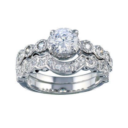925 Sterling Silver Rhodium Plated Clear Round Center CZ Bridal Ring Set