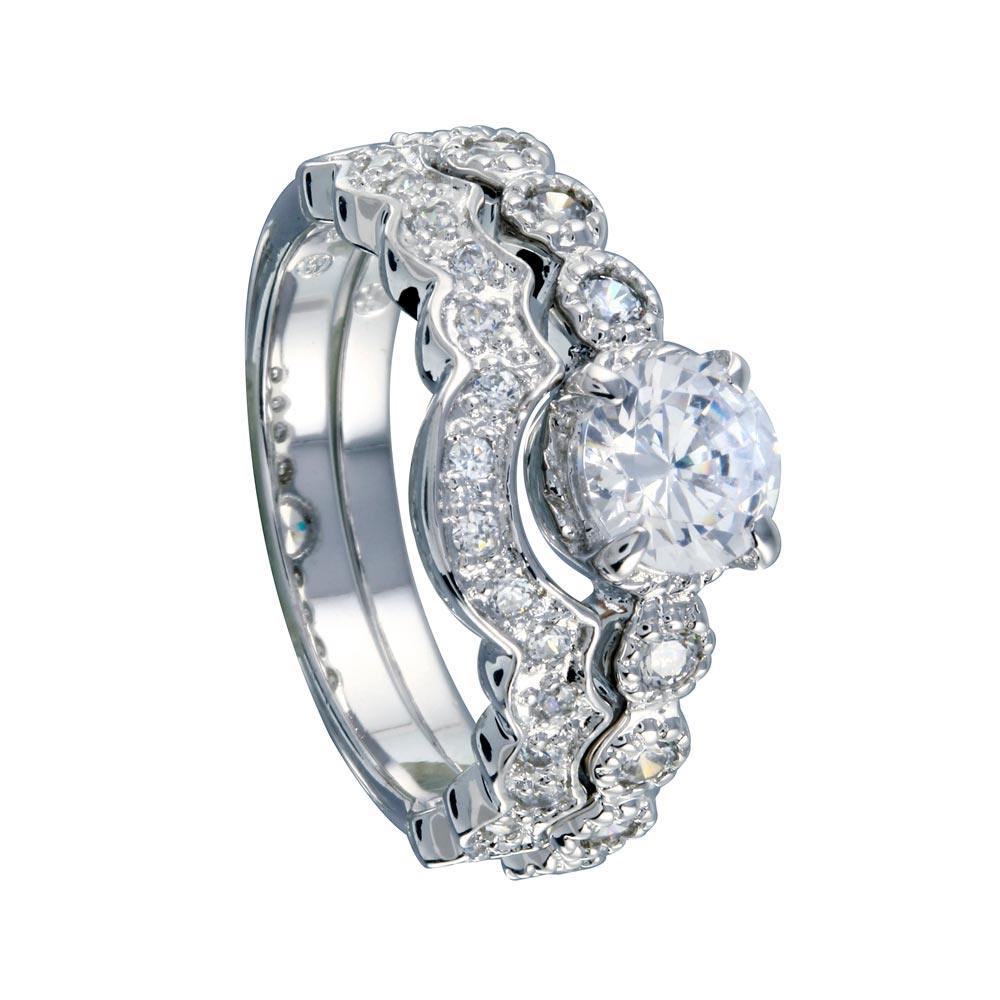 925 Sterling Silver Rhodium Plated Clear Round Center CZ Bridal Ring Set