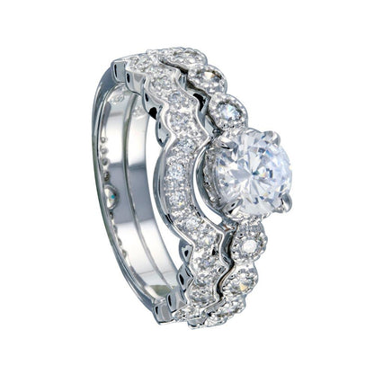 925 Sterling Silver Rhodium Plated Clear Round Center CZ Bridal Ring Set