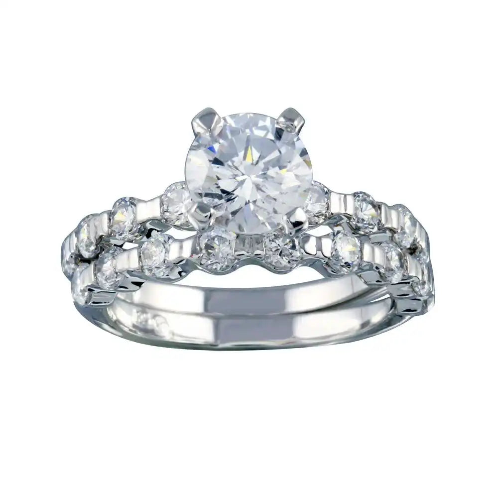 925 Sterling Silver Rhodium Plated Clear Round Center CZ Bridal Ring Set