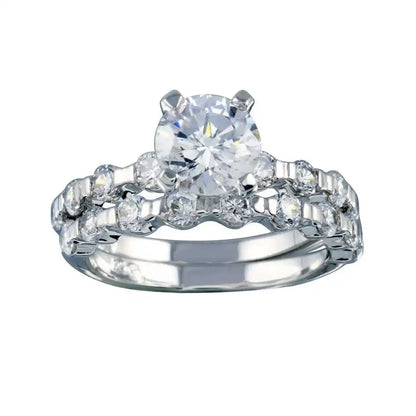 925 Sterling Silver Rhodium Plated Clear Round Center CZ Bridal Ring Set