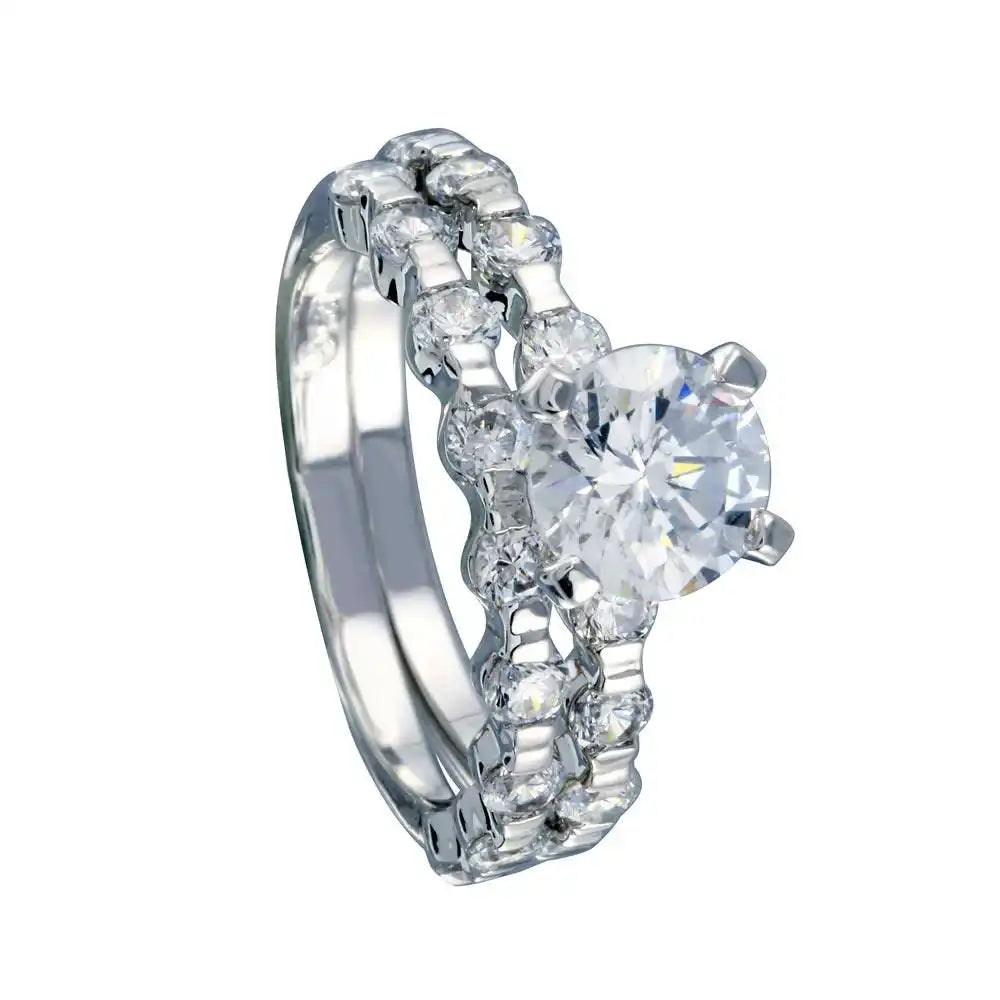 925 Sterling Silver Rhodium Plated Clear Round Center CZ Bridal Ring Set