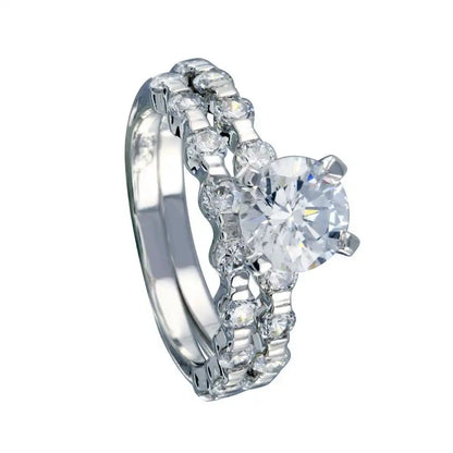 925 Sterling Silver Rhodium Plated Clear Round Center CZ Bridal Ring Set