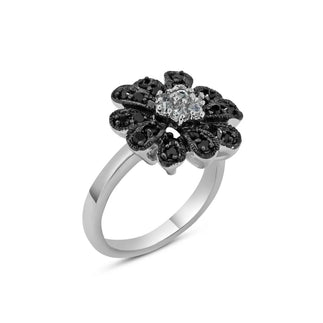 925 Silver Rhodium and Black Rhodium Plated 2 Toned Black and Clear Pave Set CZ Flower Ring